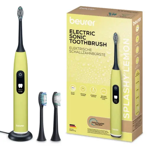 Електрическа четка за зъби, Beurer SC 50 splashy lemon Electric Sonic Toothbrush, up to 80,000 mov/min, 5 cleaning programs: Clean, Sensitive, Polish, Gum Care, Whiten, Pressure sensor , 2-min. timer, Incl. 2 toothbrush heads and magnetic charging plate, 22 days of battery life Електрическа четка за зъби, Beurer SC 50 splashy lemon Electric Sonic Toothbrush, up to 80,000 mov/min, 5 cleaning programs: Clean, Sensitive, Polish, Gum Care, Whiten, Pressure sensor , 2-min. timer, Incl. 2 toothbrush heads and magnetic charging plate, 22 days of battery life