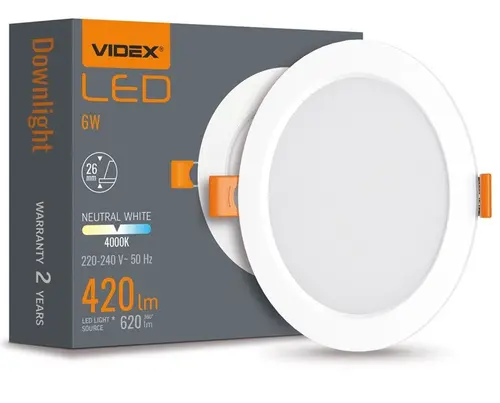 LED ЛАМПА VLE-DLBR-064 DOWNLIGHT RD 6W/4K/WH VIDEX